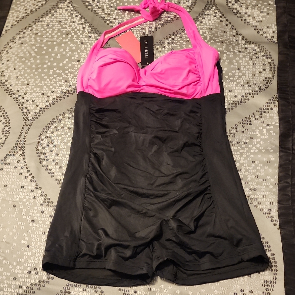 Halter One-Piece Swim short style in Hot Pink and Black by Tempt Me.